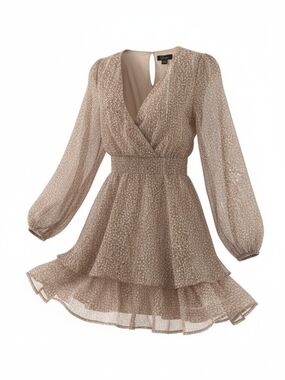 Jopna Chiffon Long-Sleeve Tiered Mini Dress - Taupe Size M